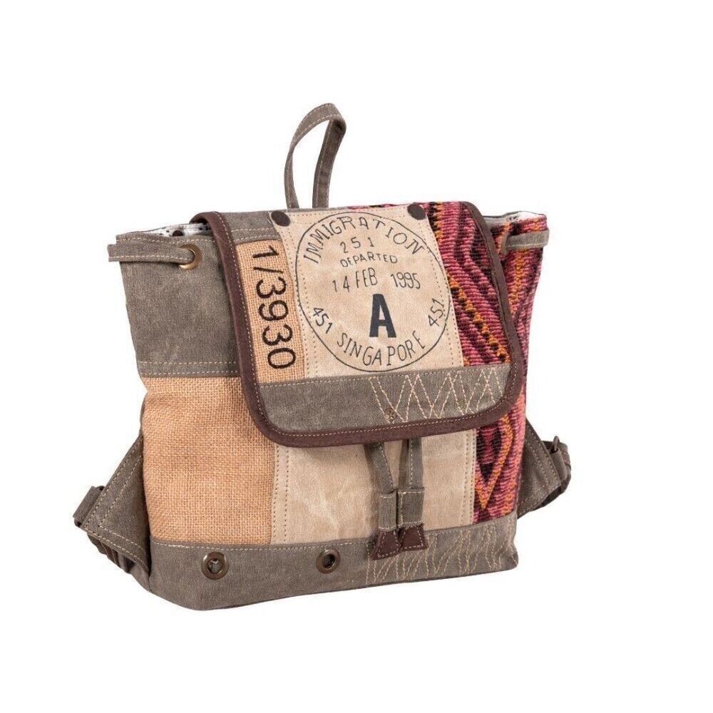 Myra Bag Handmade Singapore Backpack Upcycled Canvas & Cowhide Leather - Picture 4 of 10